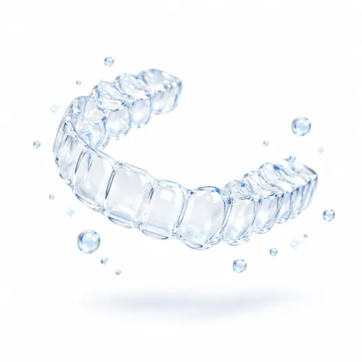 A 3D illustration of a clear dental aligner surrounded by small bubbles