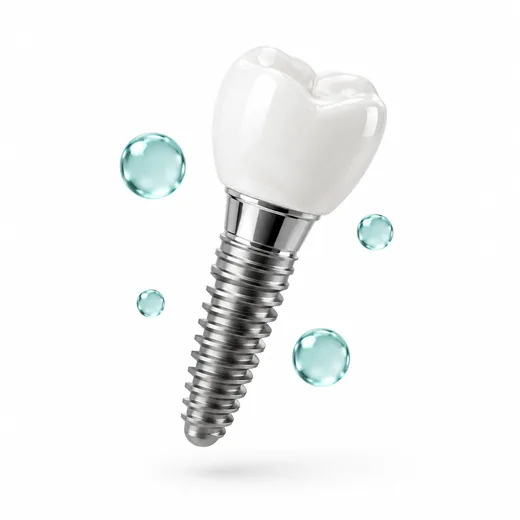 A 3D illustration of a dental implant: a titanium post topped with a white ceramic crown